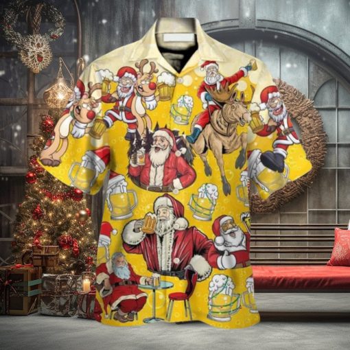 Funny Santa Drink Beer Yellow Theme Hawaiian Shirt