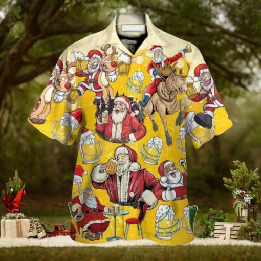 Funny Santa Drink Beer Yellow Theme Hawaiian Shirt