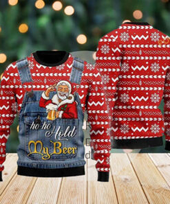Funny Santa Face Ugly Sweater, Ho Ho Hold My Beer Santa Christmas Ugly Sweater