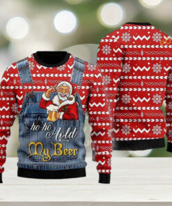 Funny Santa Face Ugly Sweater, Ho Ho Hold My Beer Santa Christmas Ugly Sweater