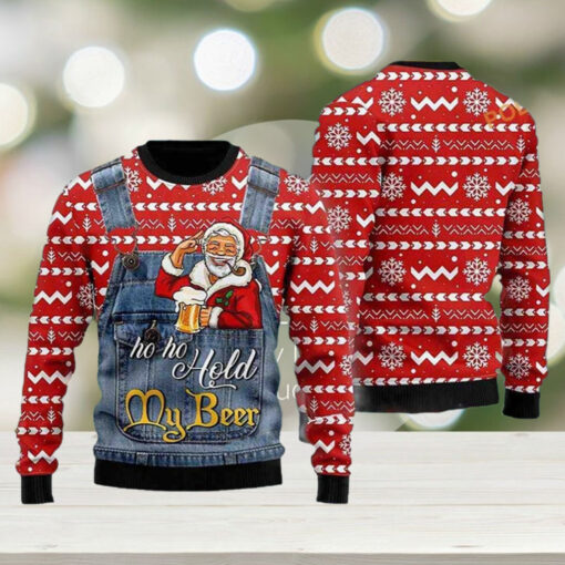 Funny Santa Face Ugly Sweater, Ho Ho Hold My Beer Santa Christmas Ugly Sweater