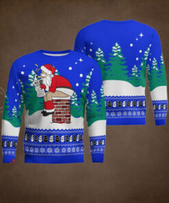 Funny Santa Sits On The Chimney Ugly Christmas Sweater Blue