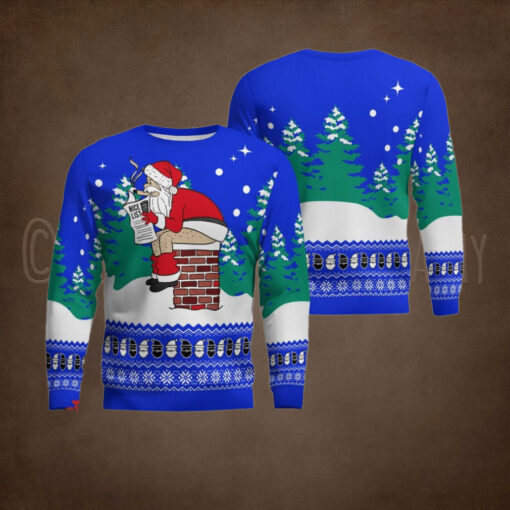 Funny Santa Sits On The Chimney Ugly Christmas Sweater Blue