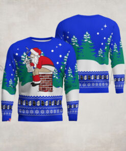 Funny Santa Sits On The Chimney Ugly Christmas Sweater Blue