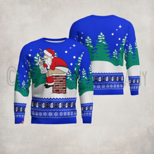 Funny Santa Sits On The Chimney Ugly Christmas Sweater Blue