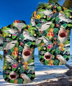 Funny Shark Pineapple Tropical Hawaiian Shirt Sharks Summer Aloha Hawaii Blue