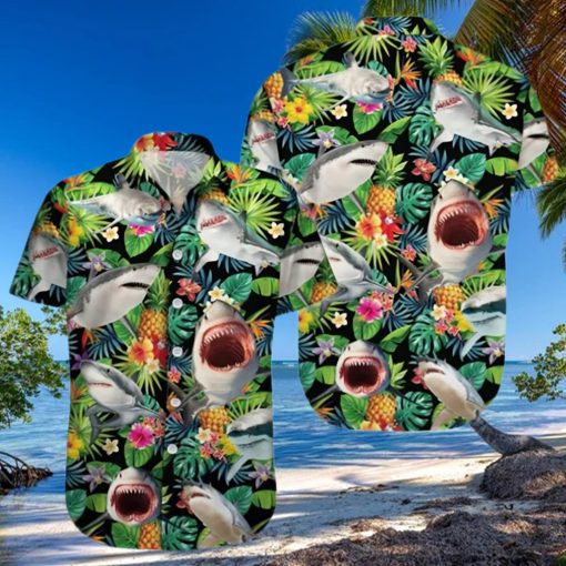 Funny Shark Pineapple Tropical Hawaiian Shirt Sharks Summer Aloha Hawaii Blue