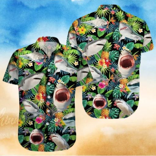 Funny Shark Pineapple Tropical Hawaiian Shirt Sharks Summer Aloha Hawaii Blue