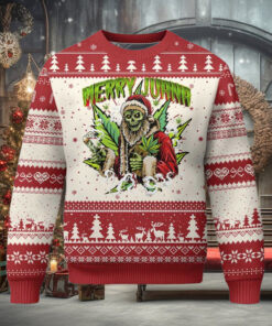 Funny Weed Xmas Ugly Christmas Sweater Merry Juana Santa Skeleton
