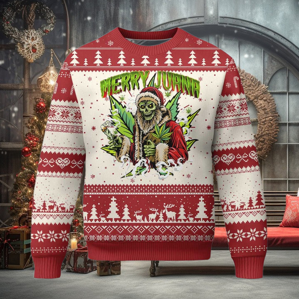 Funny Weed Xmas Ugly Christmas Sweater Merry Juana Santa Skeleton Funny Weed Xmas Ugly Christmas Sweater Merry Juana Santa Skeleton