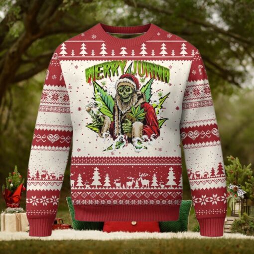 Funny Weed Xmas Ugly Christmas Sweater Merry Juana Santa Skeleton
