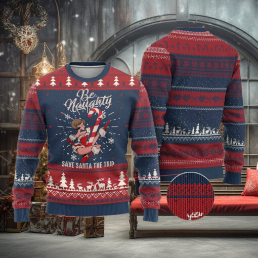Funny Xmas Ugly Christmas Sweater Candy North Pole Be Naughty Save Santa The Trip