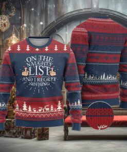 Funny Xmas Ugly Christmas Sweater On The List Of Naughty And I Regret Nothing Middle Finger