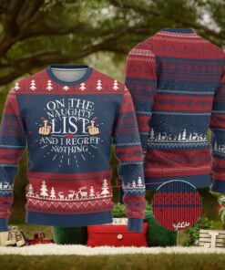 Funny Xmas Ugly Christmas Sweater On The List Of Naughty And I Regret Nothing Middle Finger
