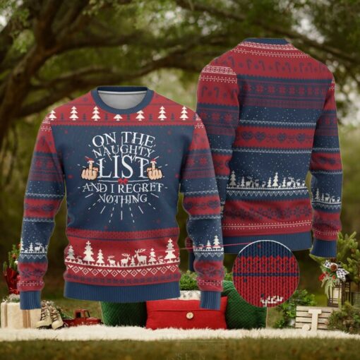 Funny Xmas Ugly Christmas Sweater On The List Of Naughty And I Regret Nothing Middle Finger