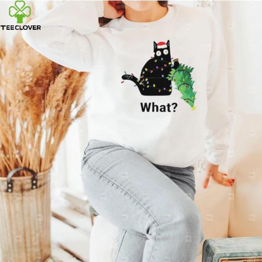Funny black cat pushing Christmas tree art hoodie, sweater, longsleeve, shirt v-neck, t-shirt