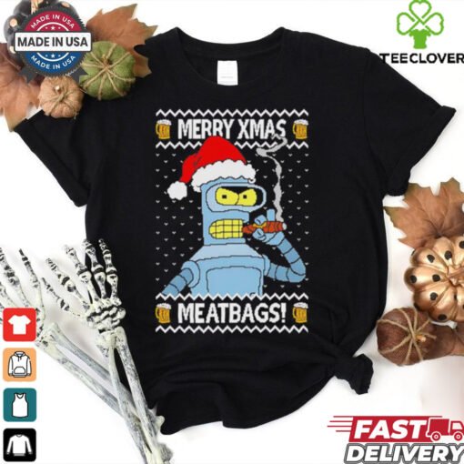 Futurama Bender smoking a cigar Merry Xmas Meatbags shirt