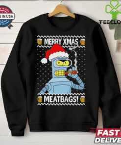 Futurama Bender smoking a cigar Merry Xmas Meatbags shirt