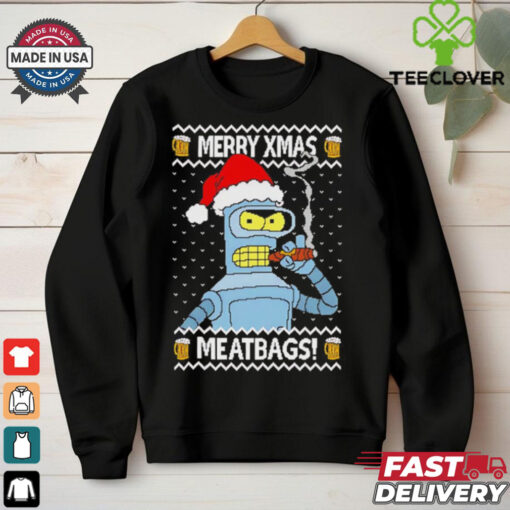 Futurama Bender smoking a cigar Merry Xmas Meatbags shirt