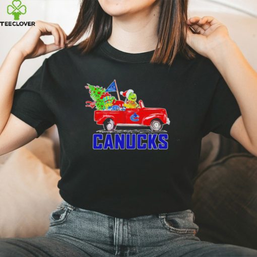 Happy Merry Christmas The Grinch drive a car Vancouver Canucks ice hockey logo flag gift hoodie, sweater, longsleeve, shirt v-neck, t-shirt