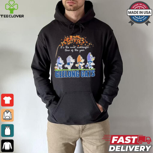 Geelong Cats x Bluey Characters Walking Fall It’S The Most Wonderful Time Of The Year Shirt