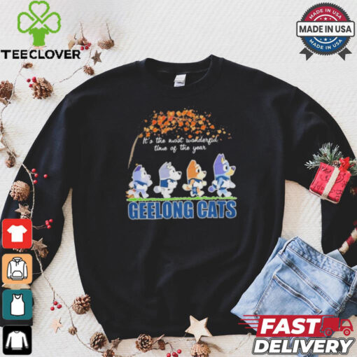 Geelong Cats x Bluey Characters Walking Fall It’S The Most Wonderful Time Of The Year Shirt