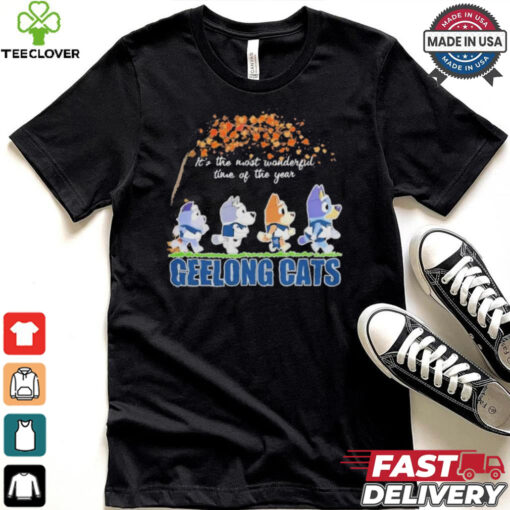 Geelong Cats x Bluey Characters Walking Fall It’S The Most Wonderful Time Of The Year Shirt
