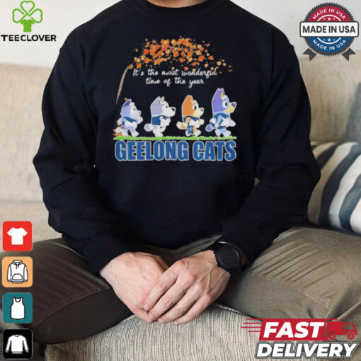 Geelong Cats x Bluey Characters Walking Fall It’S The Most Wonderful Time Of The Year Shirt