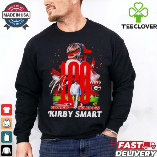 Georgia Bulldogs Kirby Smart 100 wins signatures shirt