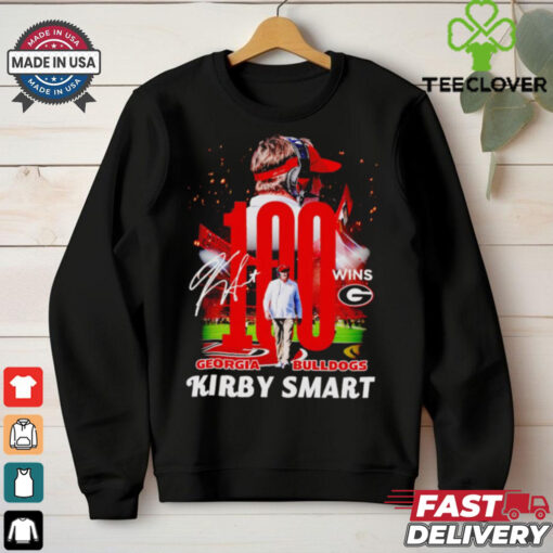 Georgia Bulldogs Kirby Smart 100 wins signatures shirt
