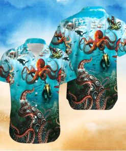 Giant Octopus And Diver Unisex Hawaiian Shirts