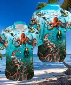 Giant Octopus And Diver Unisex Hawaiian Shirts