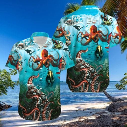 Giant Octopus And Diver Unisex Hawaiian Shirts