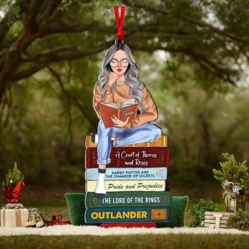 Girl Reading Book   Custom Book Titles Ornament