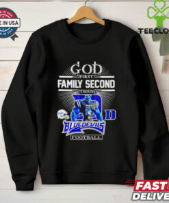 God First, Family Second, Then Blue Devils Football Mascot Shirt, featuring a bold, faith-inspired design with the Blue Devils football mascot. Perfect for fans who prioritize family, faith, and their love for the Blue Devils.
