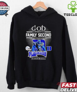 God First, Family Second, Then Blue Devils Football Mascot Shirt, featuring a bold, faith-inspired design with the Blue Devils football mascot. Perfect for fans who prioritize family, faith, and their love for the Blue Devils.