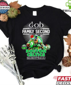 God First, Family Second, Then Boston Celtics Mascot Shirt featuring a bold, meaningful design that highlights the importance of faith, family, and team pride. Show your devotion to the Celtics and your values with this unique, stylish apparel.