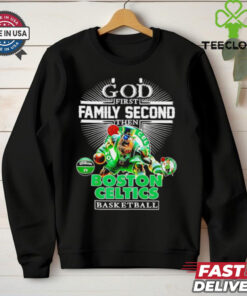 God First, Family Second, Then Boston Celtics Mascot Shirt featuring a bold, meaningful design that highlights the importance of faith, family, and team pride. Show your devotion to the Celtics and your values with this unique, stylish apparel.