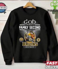 God First, Family Second, Then Bruins Hockey Mascot Shirt, featuring a faith-based design with the Boston Bruins hockey mascot. Perfect for fans who prioritize faith, family, and their love for the Bruins.