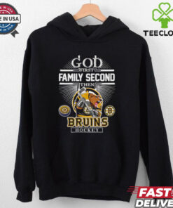 God First, Family Second, Then Bruins Hockey Mascot Shirt, featuring a faith-based design with the Boston Bruins hockey mascot. Perfect for fans who prioritize faith, family, and their love for the Bruins.