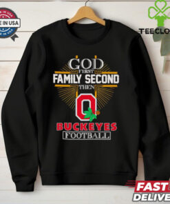 God First, Family Second, Then Buckeyes Football Shirt, featuring a faith-based design with the Ohio State Buckeyes logo. Perfect for fans who prioritize faith, family, and their unwavering support for the Buckeyes.