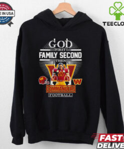 God First, Family Second, Then Commanders Football Mascot Shirt, featuring a bold, faith-based design with the Washington Commanders football mascot. Perfect for fans who prioritize faith, family, and their love for the Commanders.