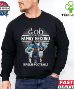 God first family second then Eagles football Saquon Barkley Nick Sirianni and Jalen Hurts shirt