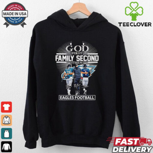 God first family second then Eagles football Saquon Barkley Nick Sirianni and Jalen Hurts shirt