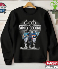 God first family second then Eagles football Saquon Barkley Nick Sirianni and Jalen Hurts shirt