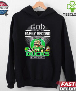 God First, Family Second, Then Oregon Ducks Football Mascot Shirt featuring a bold design with the Oregon Ducks mascot and a message of faith, family, and football pride.