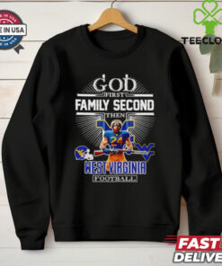 God First, Family Second, Then West Virginia Football Mascot Shirt, featuring a bold, faith-based design with the West Virginia football mascot. Perfect for fans who prioritize faith, family, and their support for the Mountaineers.