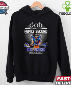 God First, Family Second, Then West Virginia Football Mascot Shirt, featuring a bold, faith-based design with the West Virginia football mascot. Perfect for fans who prioritize faith, family, and their support for the Mountaineers.