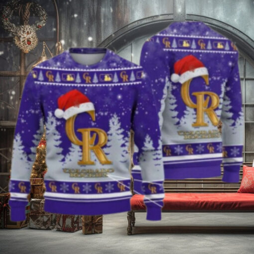 Gold Logo Christmas Hat Colorado Rockies Ugly Sweater Forest Design