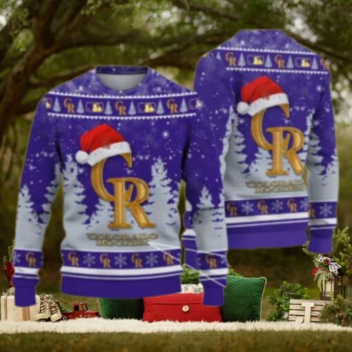 Gold Logo Christmas Hat Colorado Rockies Ugly Sweater Forest Design
